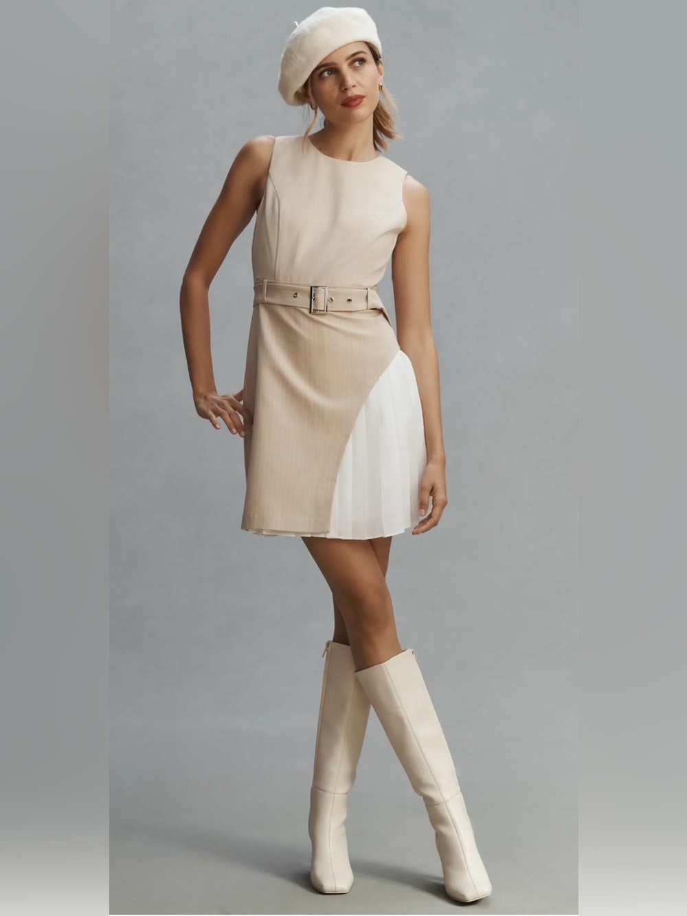 Anthropologie English Factory Beige and White Belted Mini Skirt